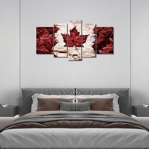 5 Pieces Modern Canvas Painting Wall Art  Flag Of Canada Constructed Of Maple Leaves White Birch Bark Country Symbol
